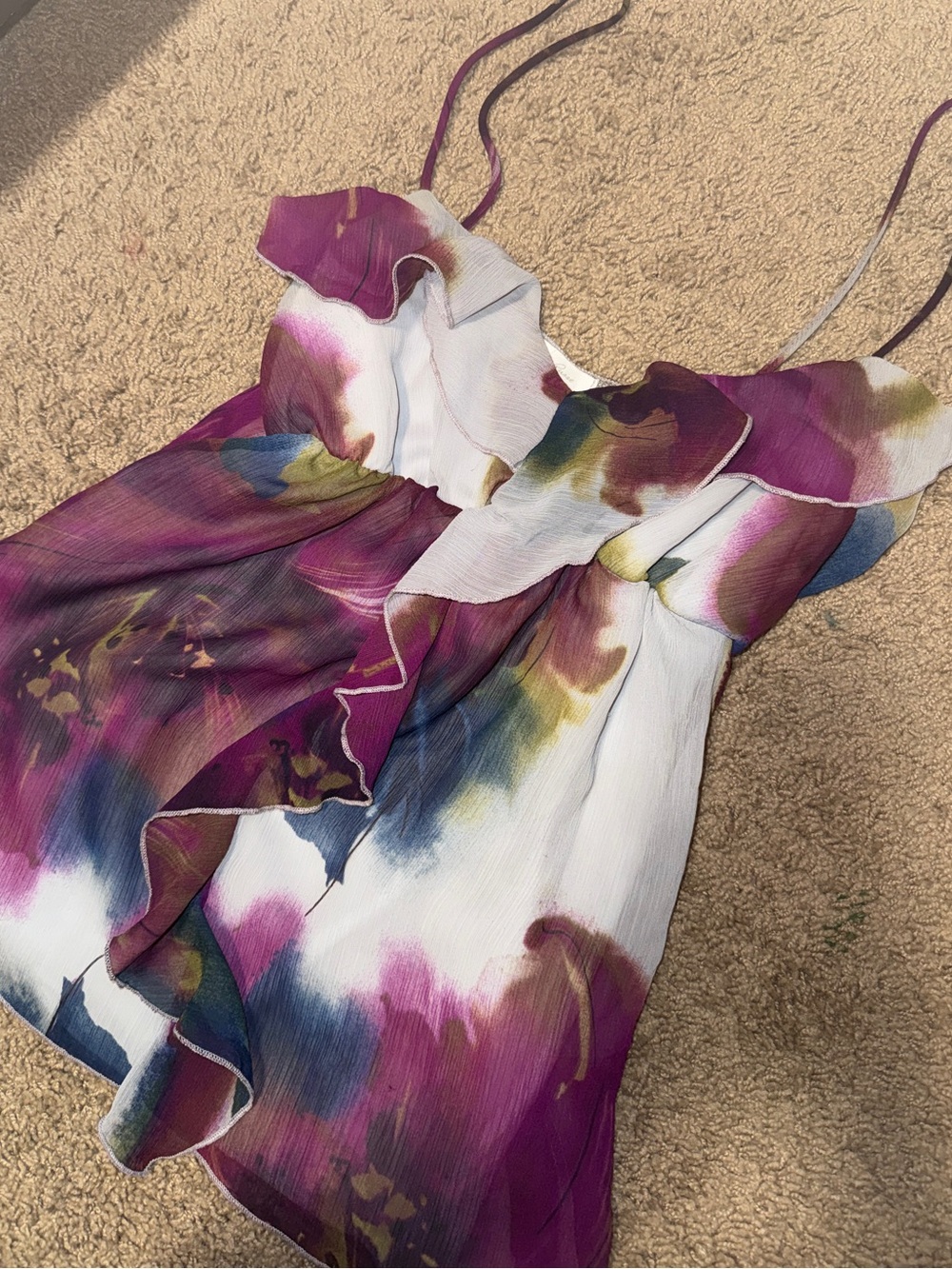 Charlotte Russe Watercolor Ruffle Cami in Magenta, White and Blue-Green